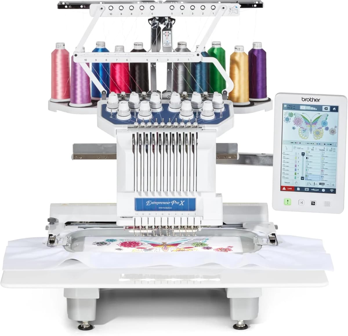 Industrial embroidery machine stitching school crests onto uniforms